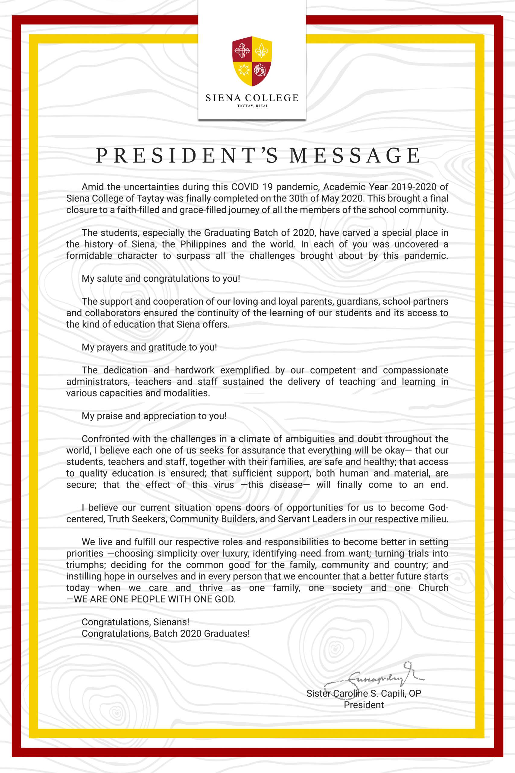 PRESIDENT'S MESSAGE - Siena College Of Taytay